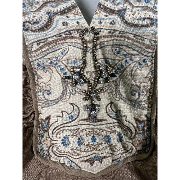 Y2K Lane Bryan Floral Halter Top SZ 18 Paisley‎ Embellished Gems Tan Teal Linen - Picture 10 of 11